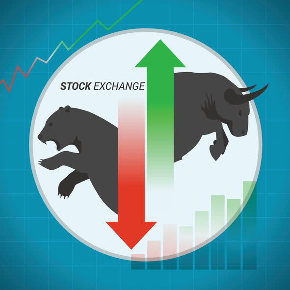 Stock market concept bull vs bear with up and down arrow